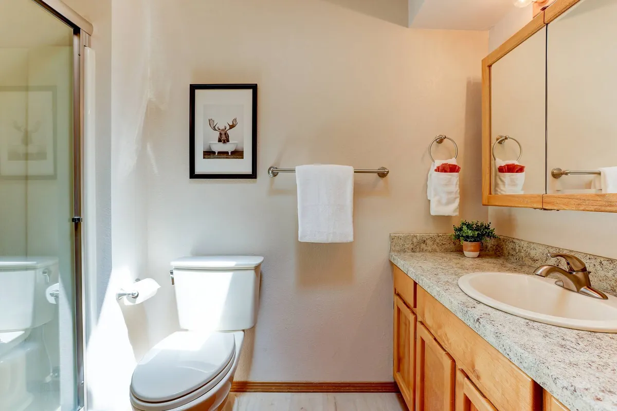 A modern bathroom featuring a granite countertop, a large mirror, crisp white towels, and framed artwork of a moose. The space feels clean, fresh, and inviting, ideal for self-care and rejuvenation.